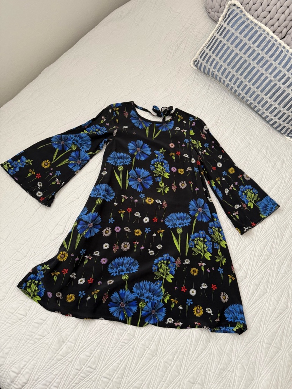 MAEVE Black Floral tBell-Sleeve Dress - Blue Floral Print